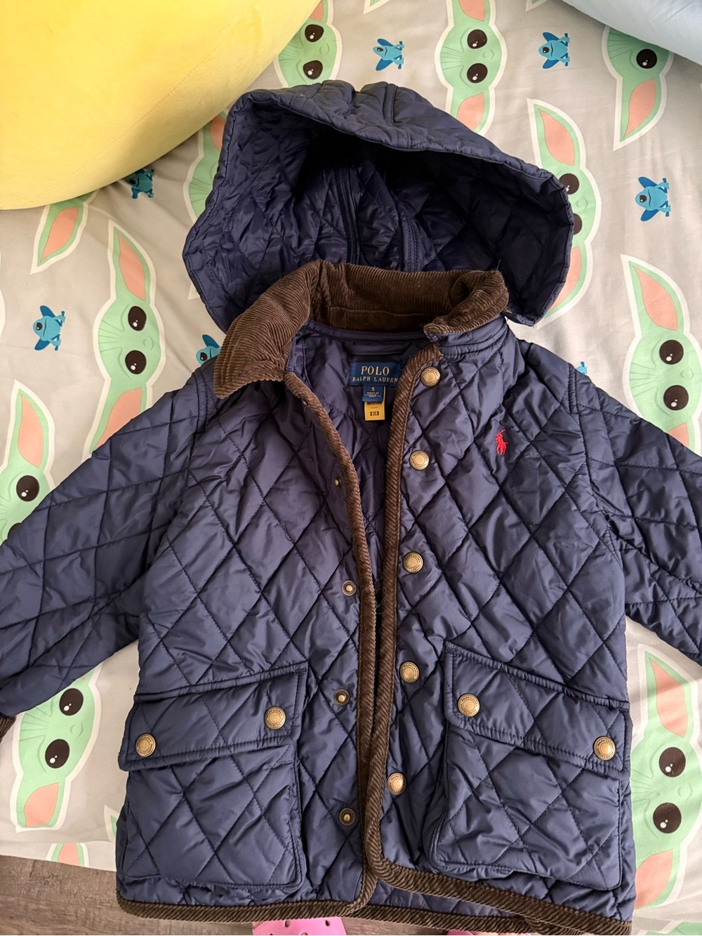 Polo by Ralph Lauren Navy Quilted Hooded Puffer Jacket with Brown Trim
